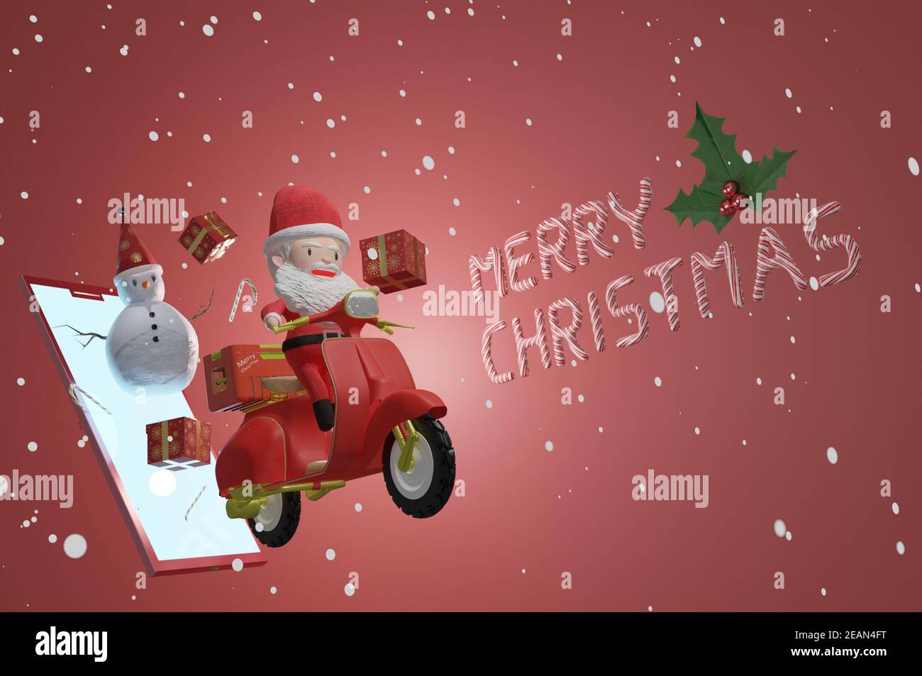 3D Rendering , Santa Claus scooter d'équitation et Snowman avec le cadeau de livraison d'écran de smartphone cadeau aux gens de Noël avec neige tombant Banque D'Images