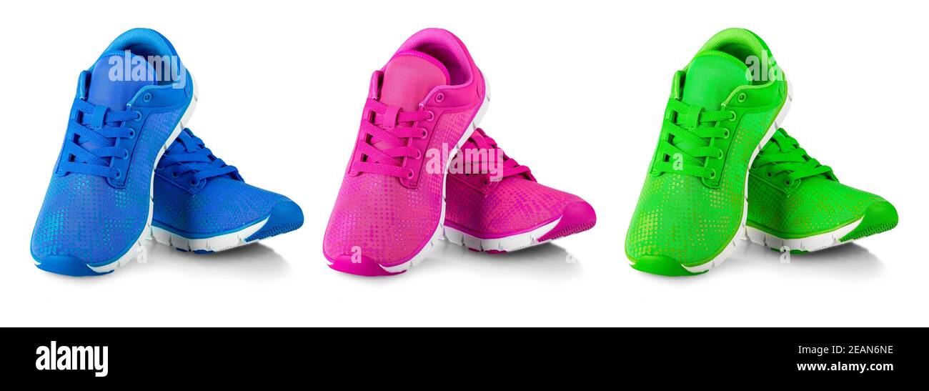 Ensemble de deux sneakers à motif de mode bleu pour femme isolées sur blanc Banque D'Images