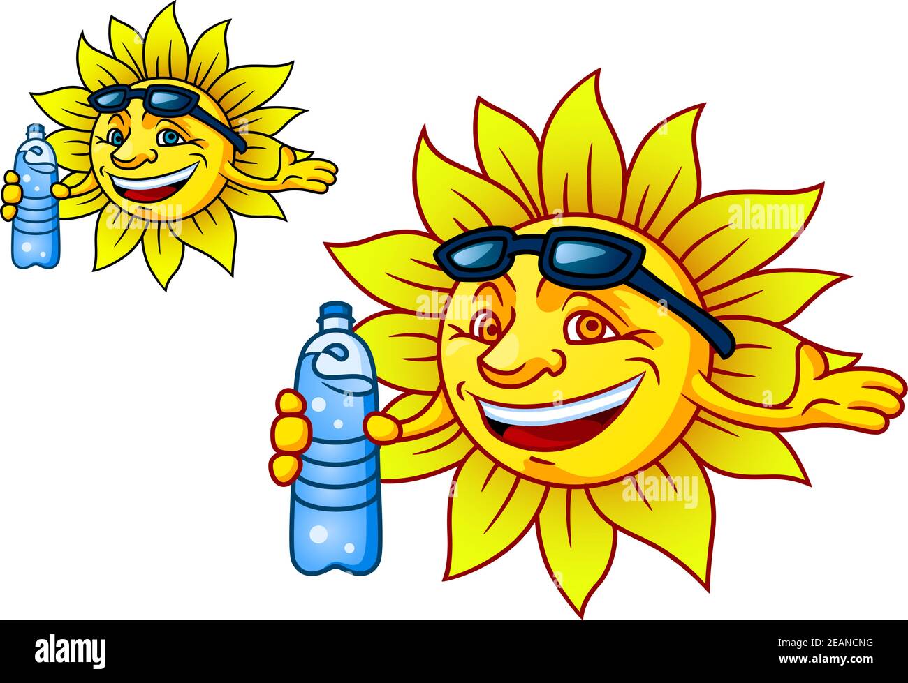 Illustration vectorielle amusante d'un soleil tropical riant avec bouteille l'eau et les lunettes de soleil dans deux variantes de couleur différentes isolées sur blanc Illustration de Vecteur