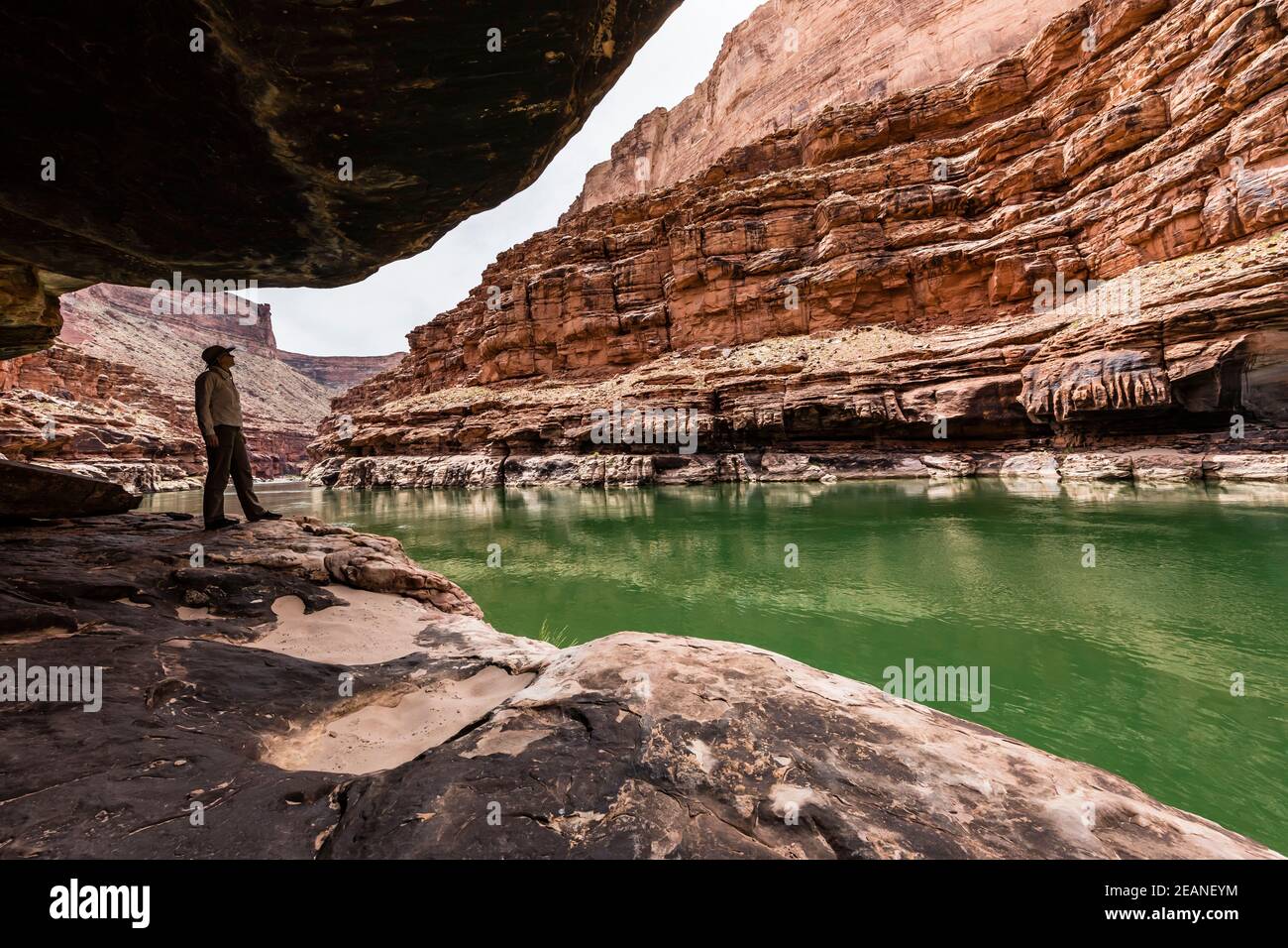 Un randonneur dans le canyon de marbre le long du fleuve Colorado, le parc national du Grand Canyon, site classé au patrimoine mondial de l'UNESCO, Arizona, États-Unis d'Amérique Banque D'Images