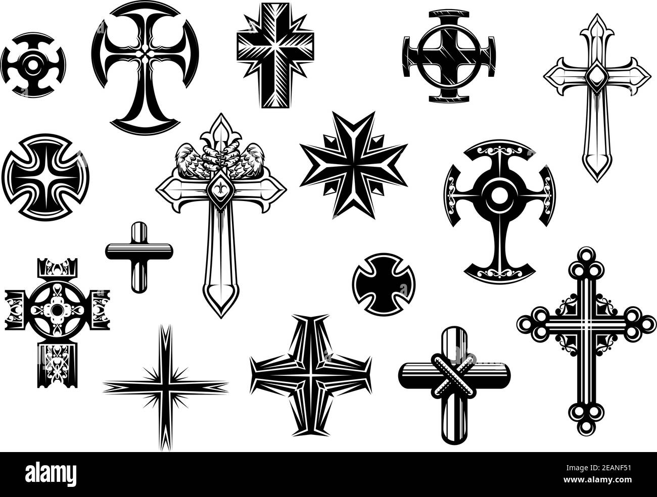 Croix religieuses isolées sur fond blanc pour la conception religieuse, tatouage et christianisme Illustration de Vecteur