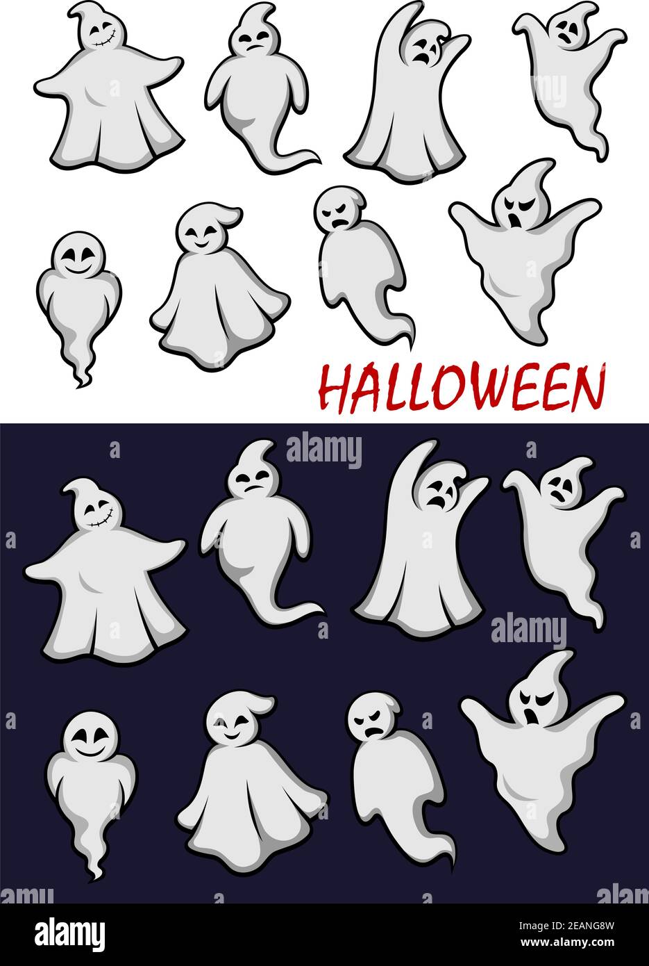 Mignon dessin animé Halloween fantômes dans des robes blanches fluides dans différents pose effrayante avec différentes expressions dans deux variantes de couleur sur blanc et une ba sombre Illustration de Vecteur