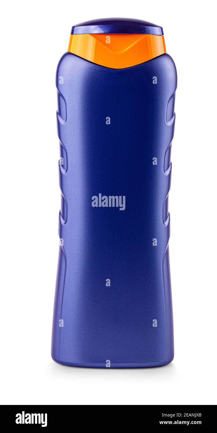 Bouteille de shampooing bleu sur fond blanc Banque D'Images