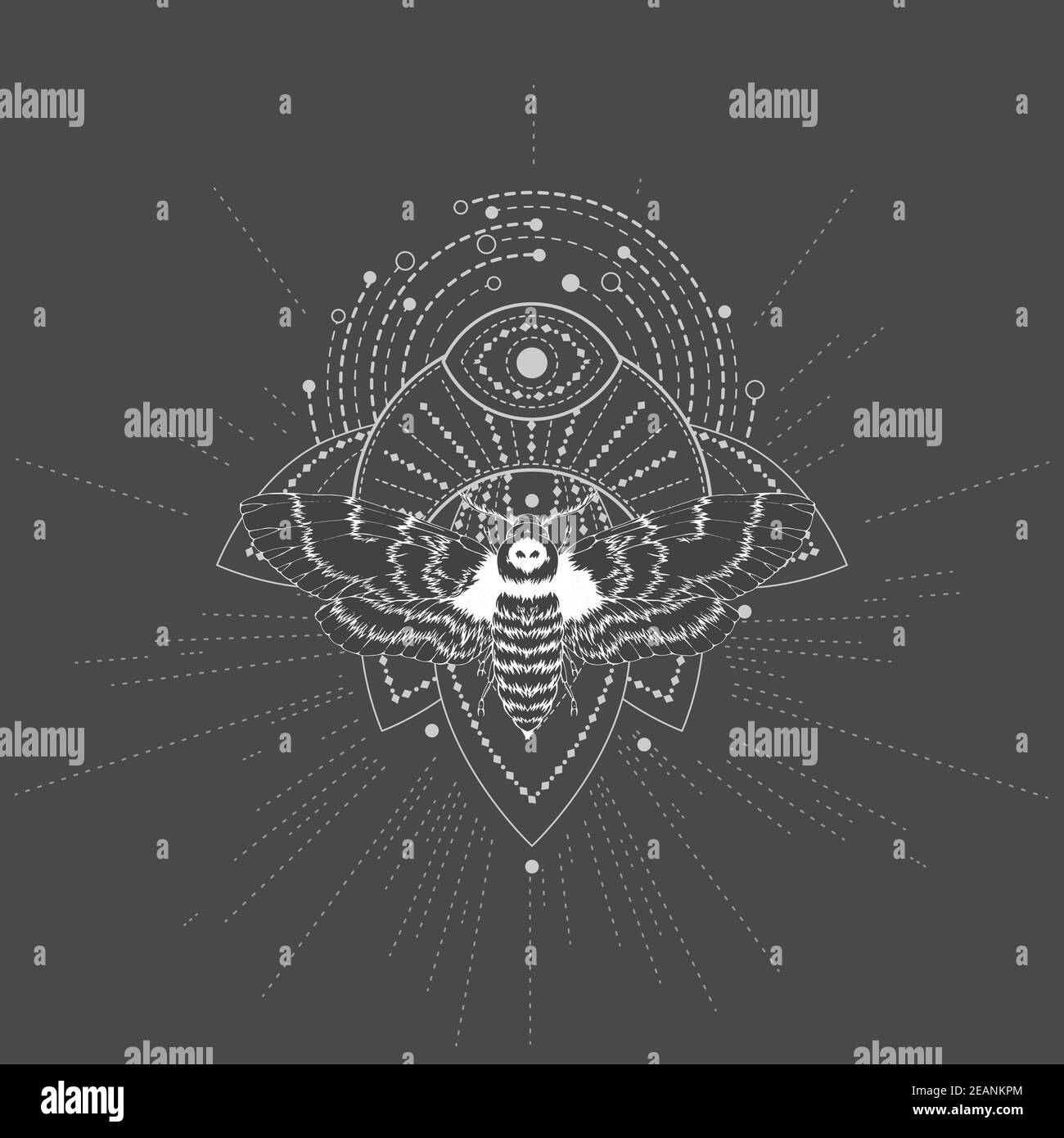 Illustration vectorielle avec papillon dessiné à la main tête morte et symbole géométrique Sacré sur fond noir. Signe mystique abstrait. Forme linéaire blanche. Pour Illustration de Vecteur