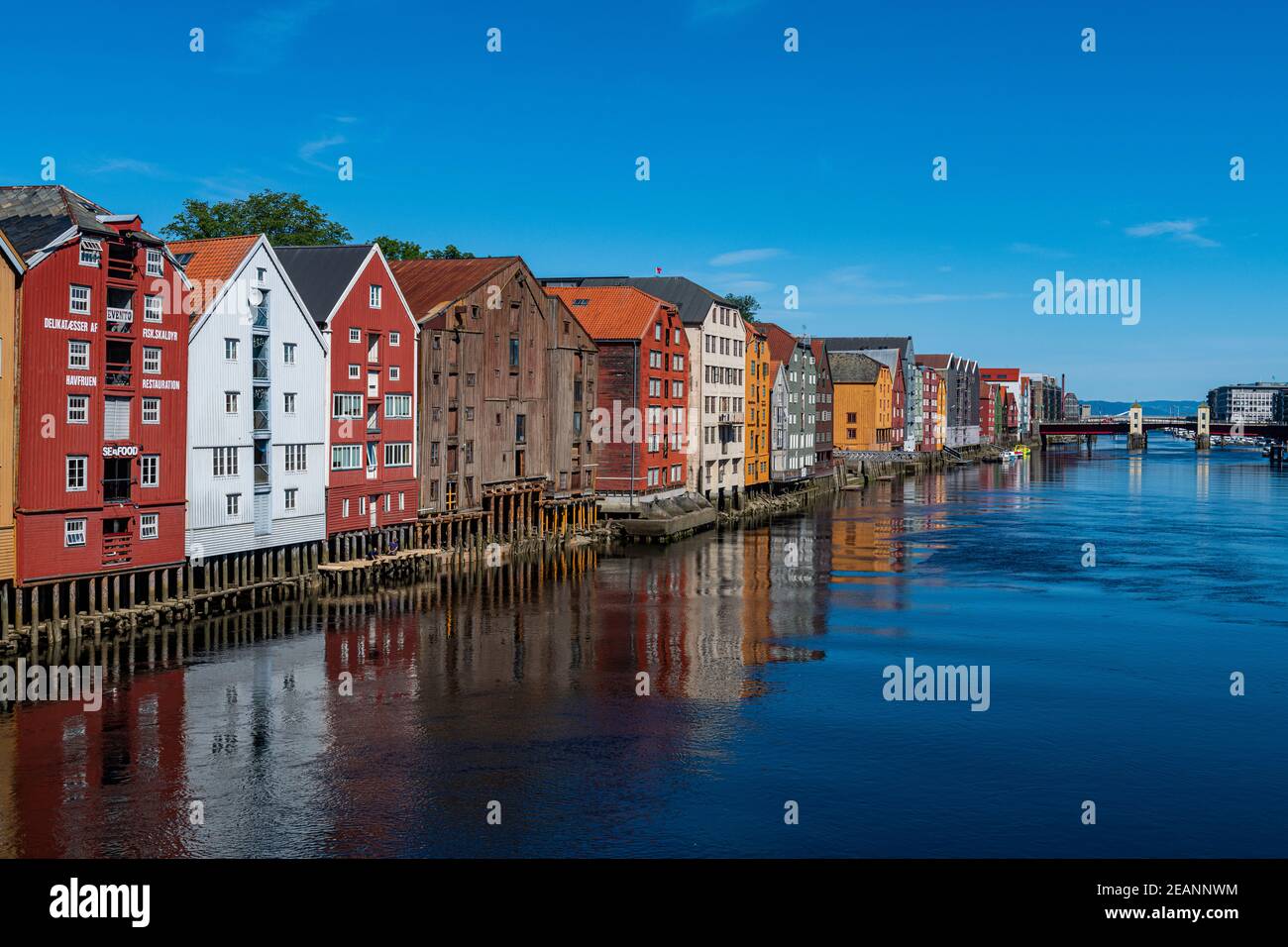 Les anciennes maisons de magasins le long de la Nidelva, Trondheim, Norvège, Scandinavie, Europe Banque D'Images