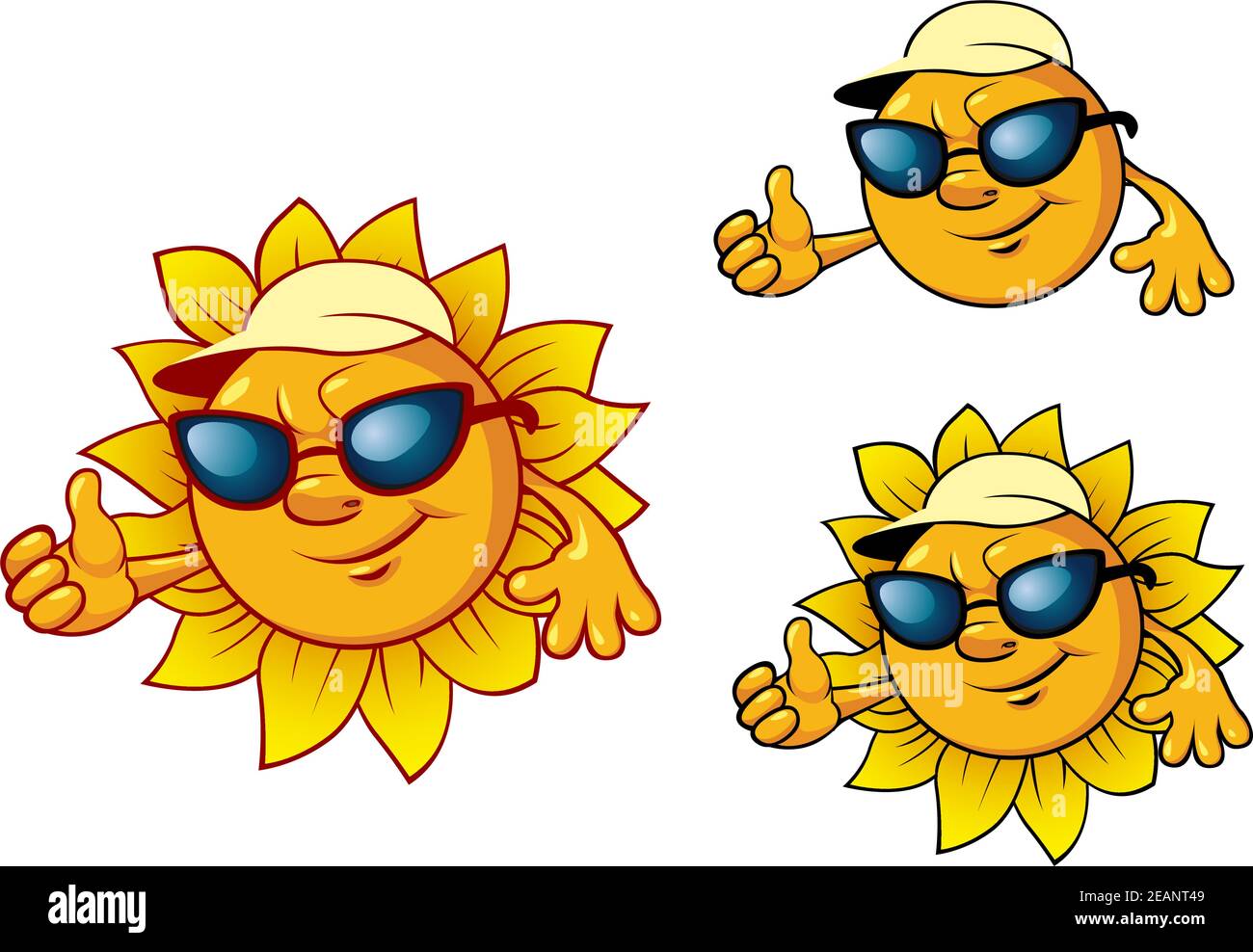 Style de dessin animé sourire adorable personnage de soleil avec lunettes  de soleil, casquette de baseball et main de salutation. Pour les voyages et  les loisirs Image Vectorielle Stock - Alamy