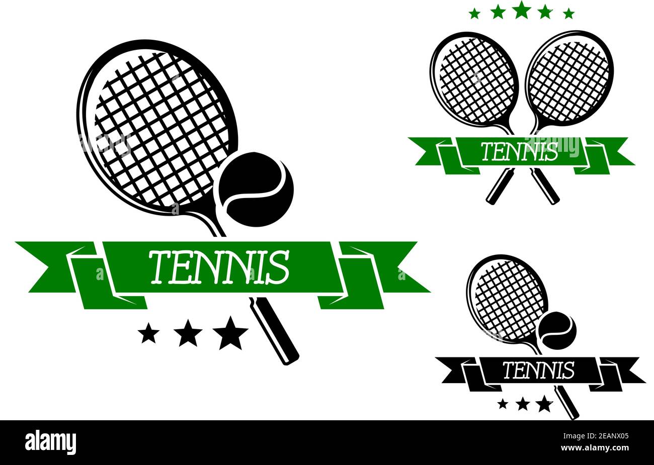 Grand emblème sportif de tennis avec raquettes, balle et ruban vert isolé  sur blanc, pour le club de sport, tournoi ou logo Image Vectorielle Stock -  Alamy