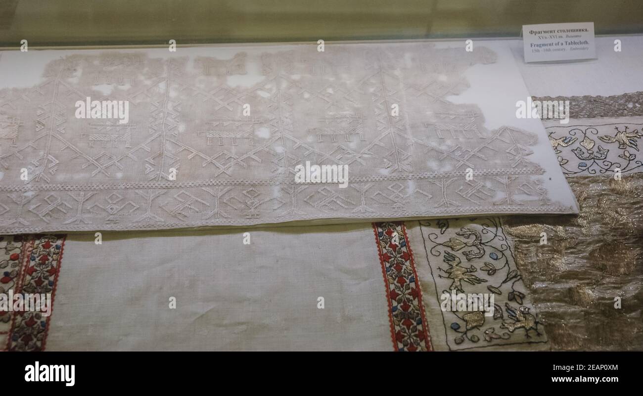 Tissus russes anciens, Musée de la culture russe. Banque D'Images