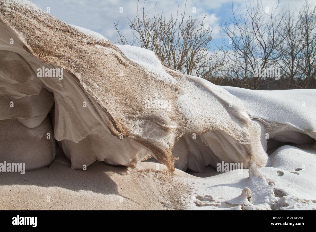 Snowdrift, un dépôt de neige et un peu de sable sculptés par le vent dans un monticule pendant une tempête de neige Banque D'Images