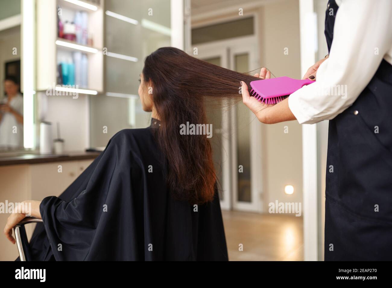 Coiffeur peignes les cheveux de femme, salon de coiffure Banque D'Images