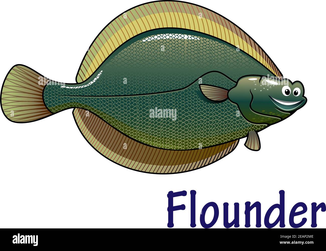 Personnage de dessin animé gai de poissons flounder de mer isolé sur