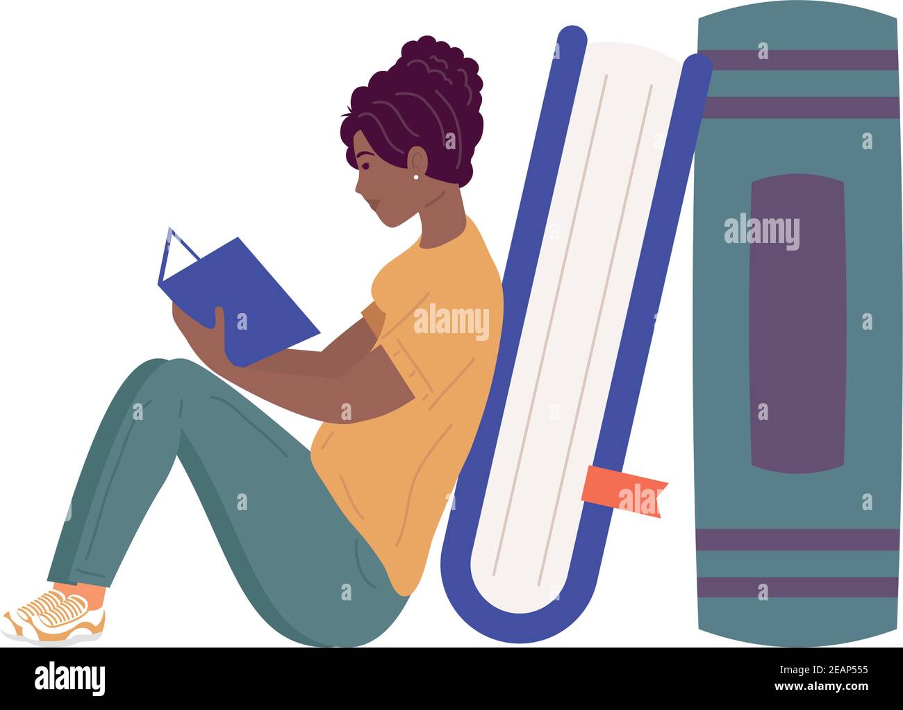 une femme africaine lisant le livre assis dans des livres, livre fête de jour illustration vectorielle Illustration de Vecteur
