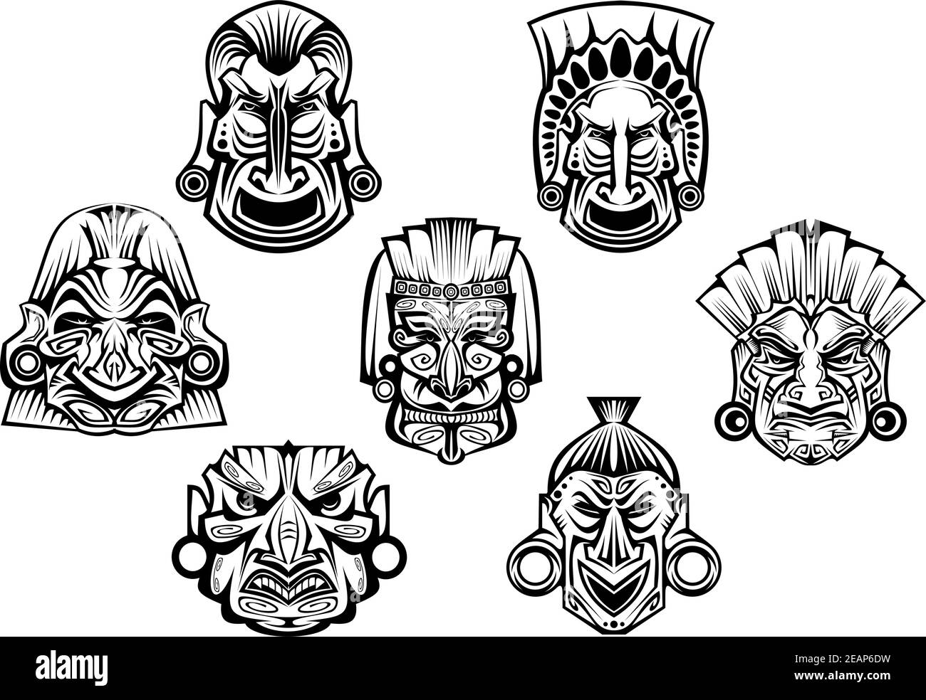 Masques religieux dans le style tribal ancien isolé sur blanc pour le dessin religieux, tatouage ou historique Illustration de Vecteur
