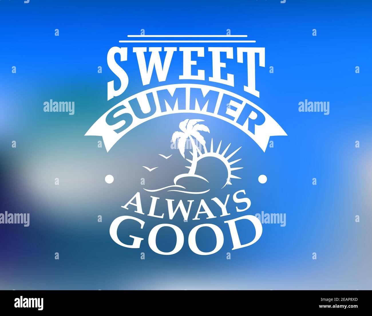 Doux été loisirs et Voyage design poster avec soleil, palmiers, oiseaux et ruban sur fond bleu Illustration de Vecteur