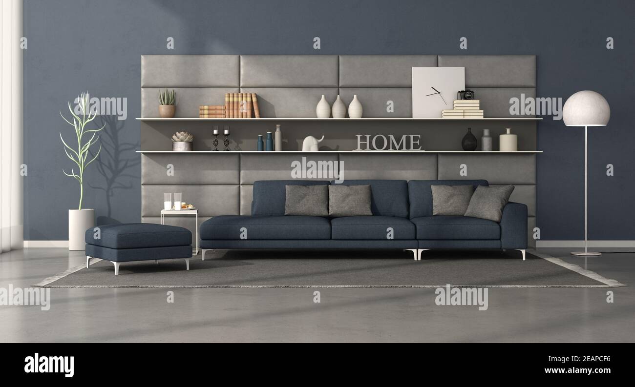 Salon moderne avec canapé en cuir panneau avec étagères Banque D'Images