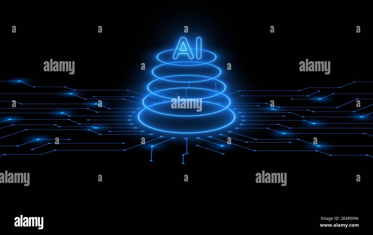 Ai - résumé Intelligence artificielle - concept de la cyber-technologie - lignes de connexion stylisées d'informations - éléments graphiques en bleu effets de néon Banque D'Images