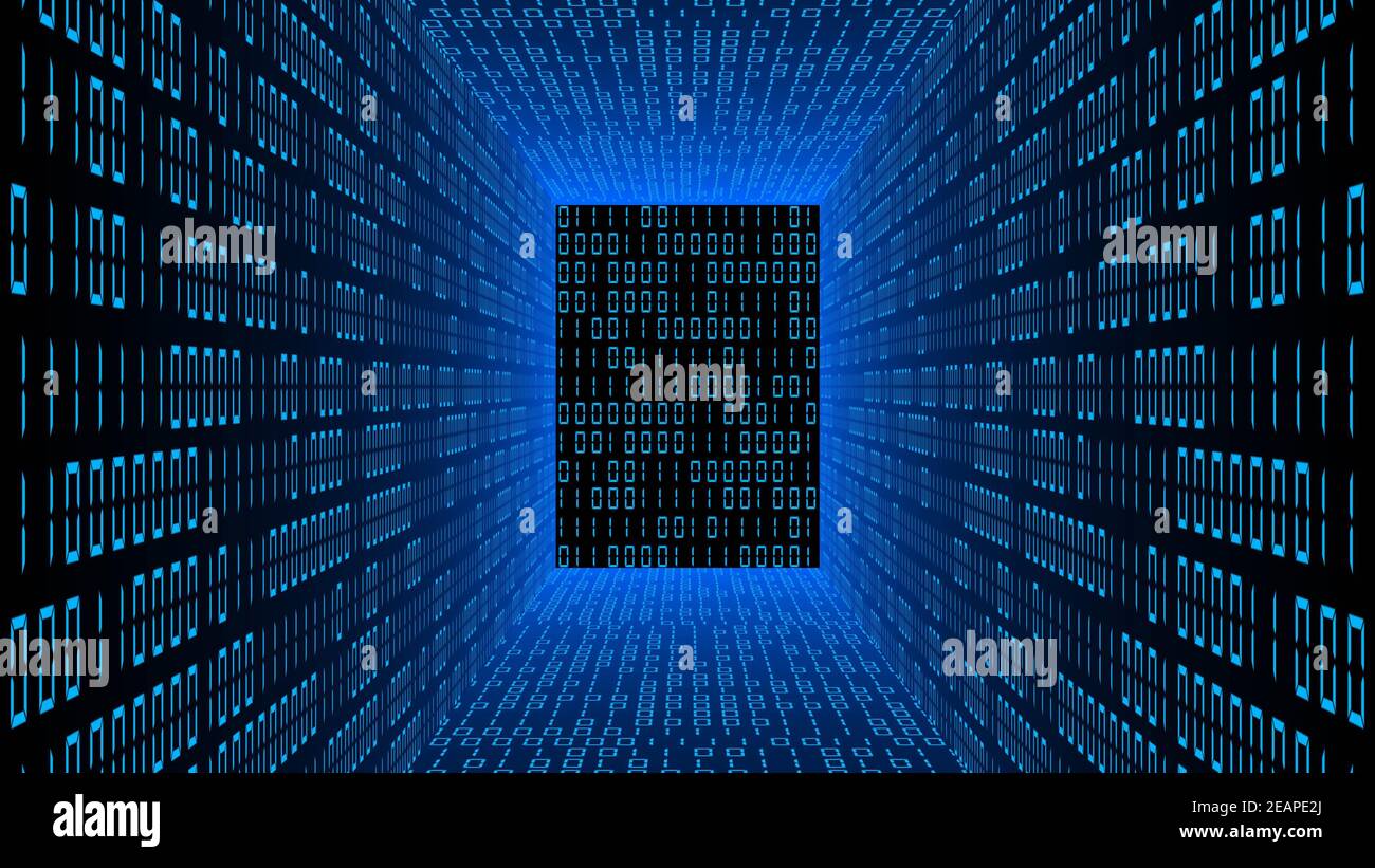 Arrière-plan de flux de données abstrait - salle bleue lumineuse avec murs composé de chiffres de code binaire Banque D'Images