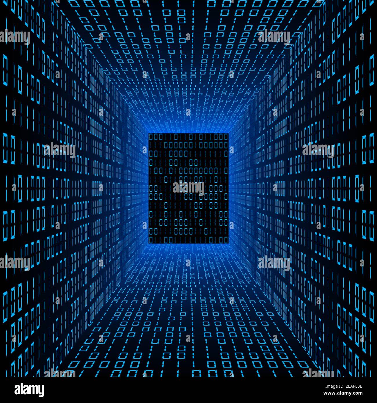 Arrière-plan de flux de données abstrait - salle bleue lumineuse avec murs composé de chiffres de code binaire Banque D'Images