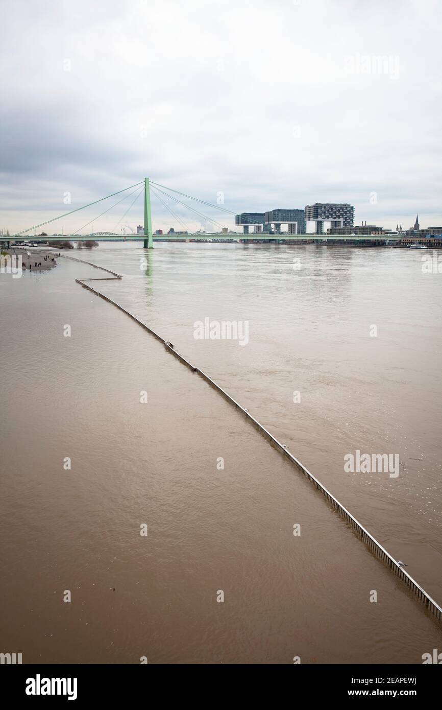 Inondation du Rhin le 5 février. 2021, vue sur la rive inondée dans le district de Deutz jusqu'au pont Severins et au port de Rheinau avec t Banque D'Images