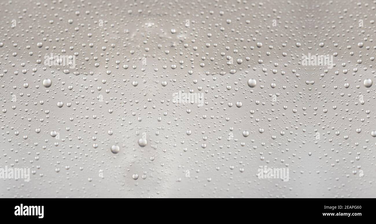 Petites gouttelettes d'eau sur fond gris en gros plan. Banque D'Images