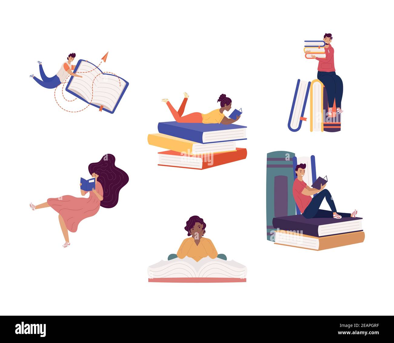 groupe de lecteurs interraciaux six avec des livres, livre fête de jour illustration vectorielle Illustration de Vecteur
