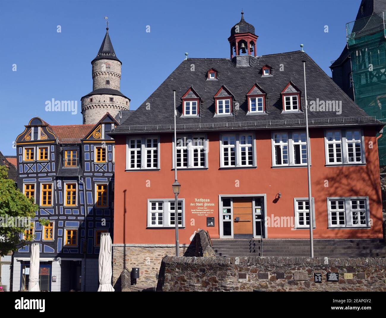 Rathaus, Hexenturm, Bergfried, Das Schiefe Haus, Altstadt, Idstein Banque D'Images