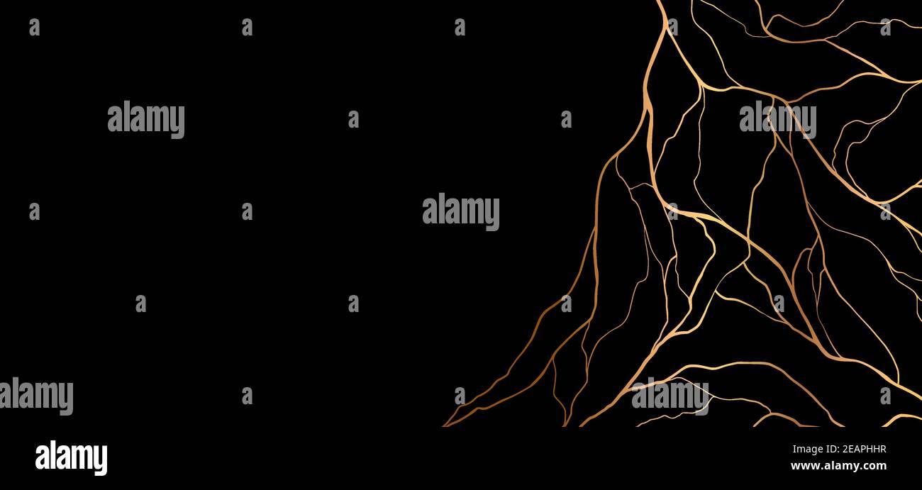 Golden kintsugi fissure affiche isolée sur noir. Élément décoratif abstrait dessiné à la main avec espace de copie. Illustration de Vecteur
