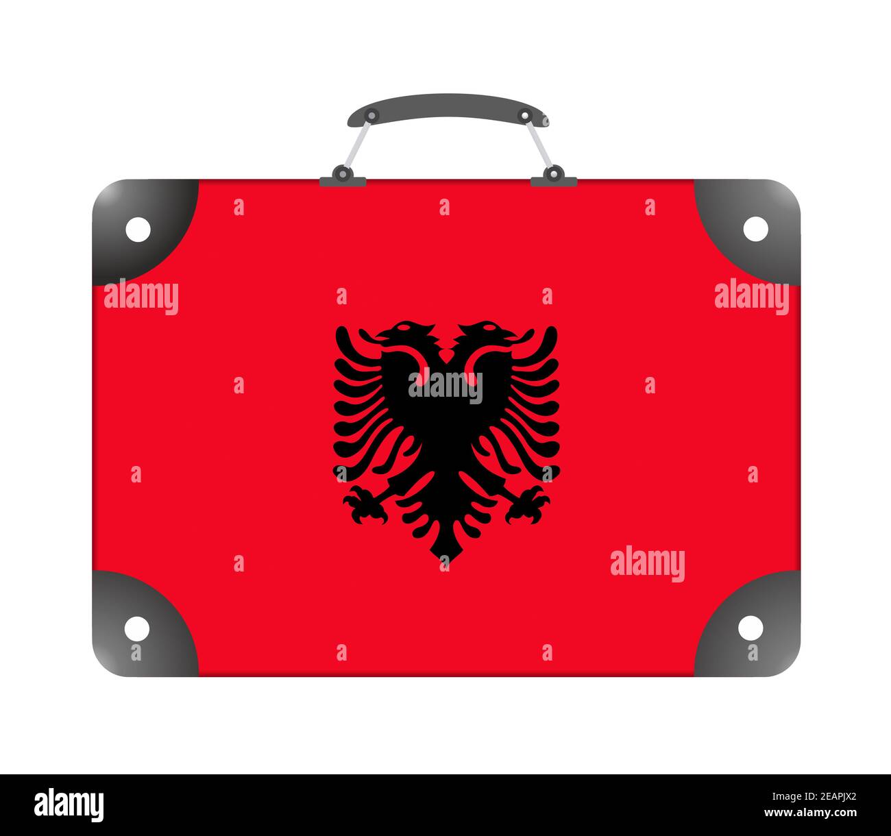 Drapeau du pays de l'Albanie sous la forme de une valise pour voyager sur fond blanc Banque D'Images