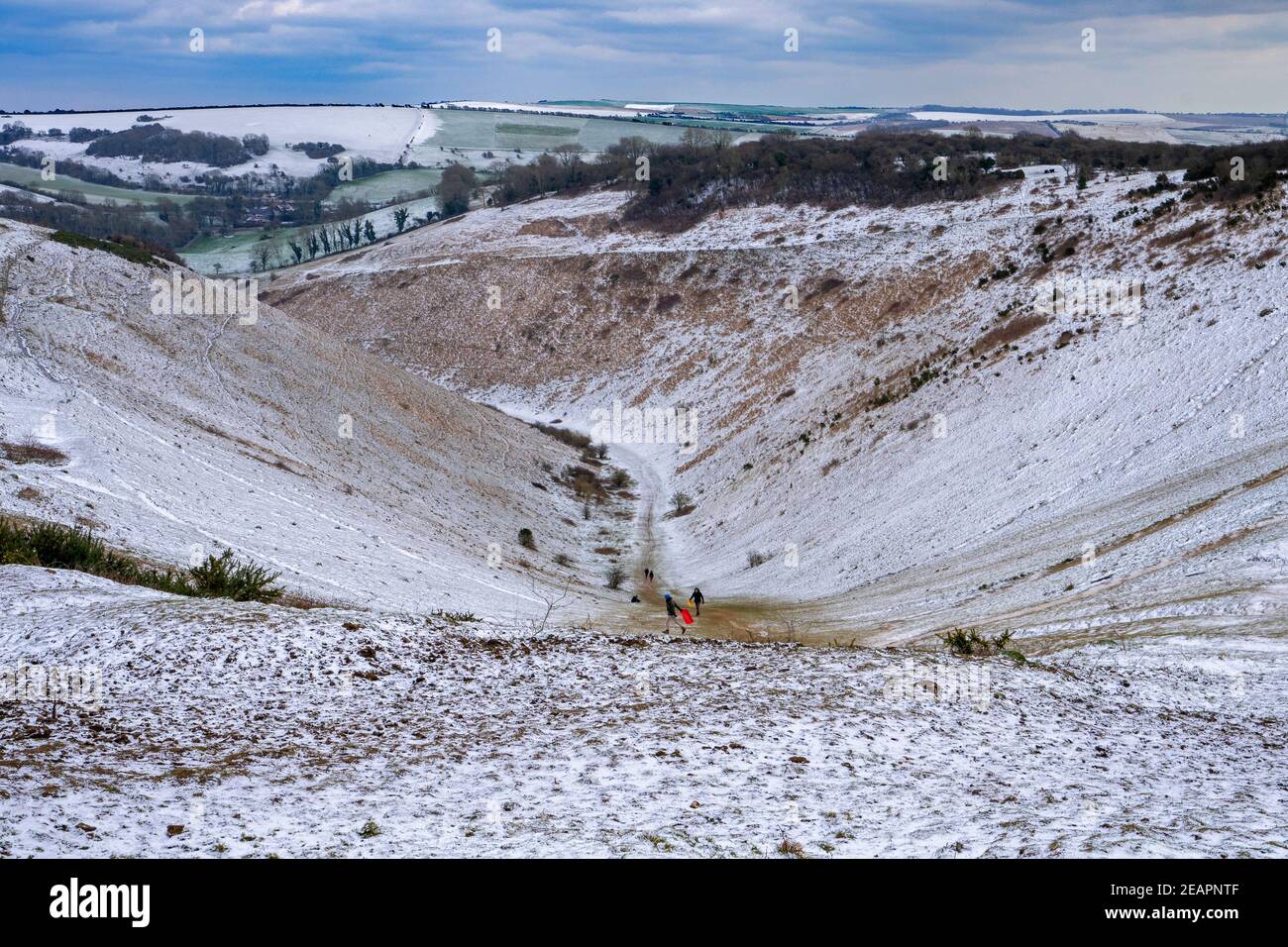 Neige sur Devils Dyke près de Brighton, East Sussex, Angleterre, Royaume-Uni Banque D'Images