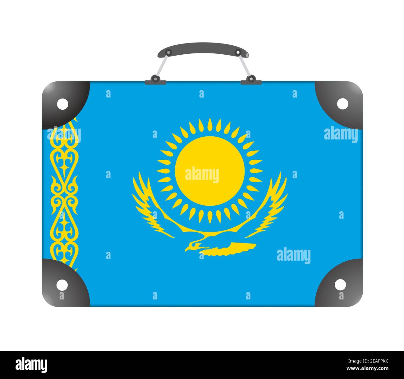 Drapeau du Kazakhstan sous forme de valise de voyage sur fond blanc Banque D'Images