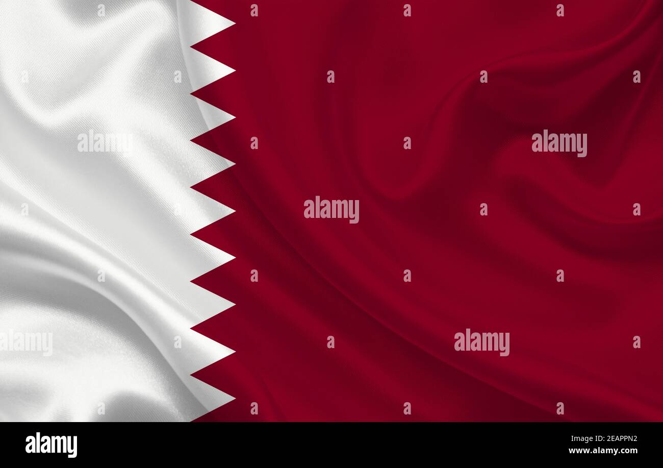 Drapeau du Qatar sur fond de tissu de soie ondulée panorama Banque D'Images