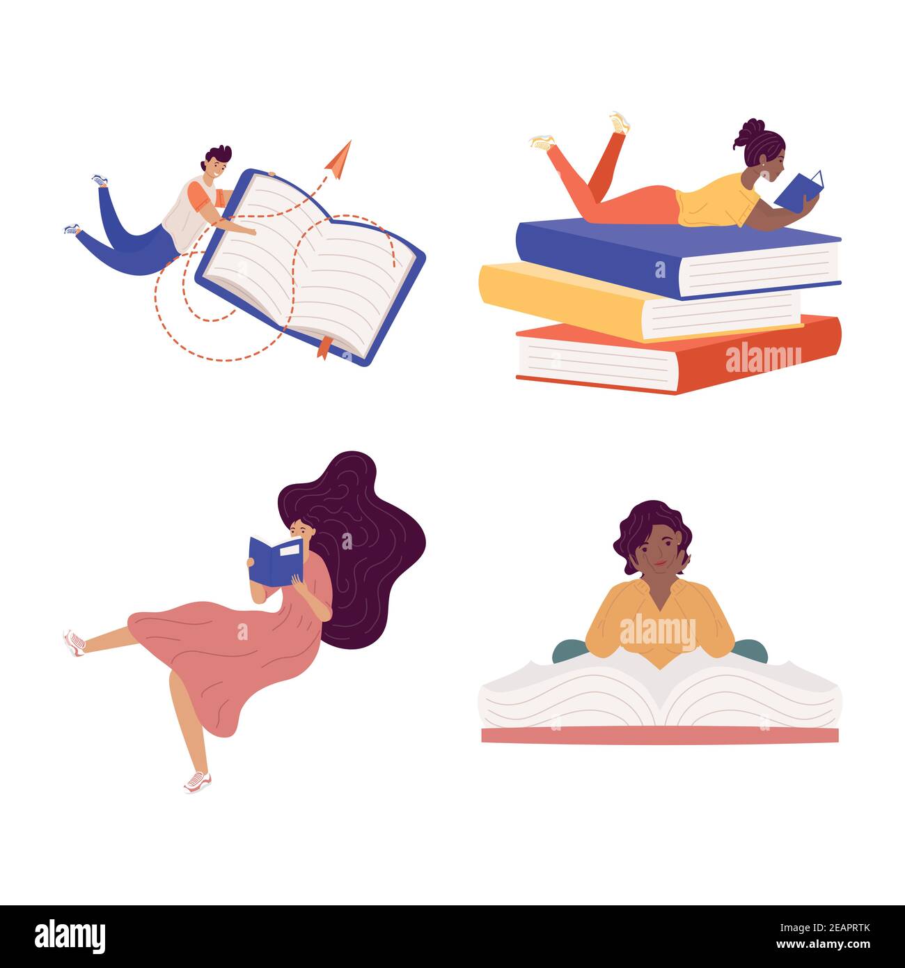 groupe de lecteurs interraciaux quatre avec des livres, livre fête de jour illustration vectorielle Illustration de Vecteur