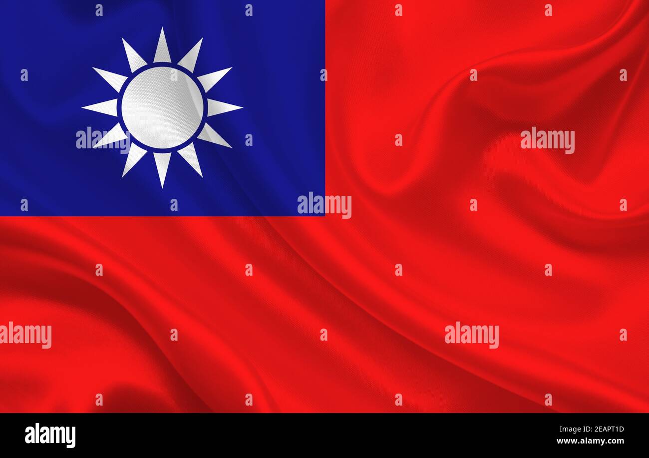 Drapeau du pays de Taiwan sur un fond de tissu en soie ondulée panorama Banque D'Images