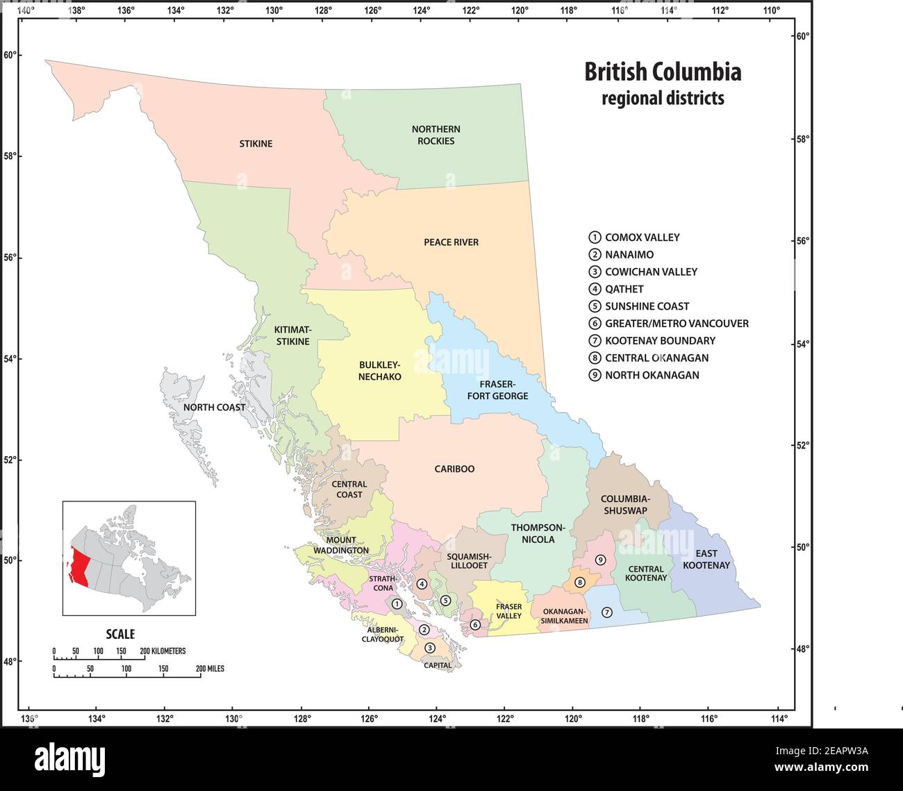 Carte vectorielle administrative de la province canadienne de la Colombie-Britannique Illustration de Vecteur