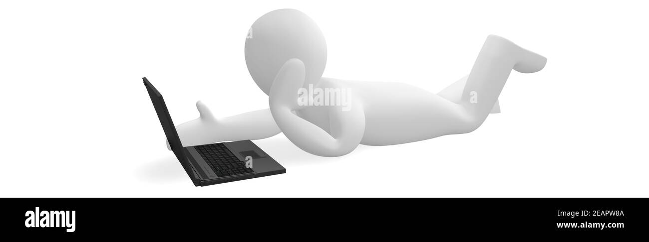 Un petit homme travaille dans un ordinateur portable Banque D'Images