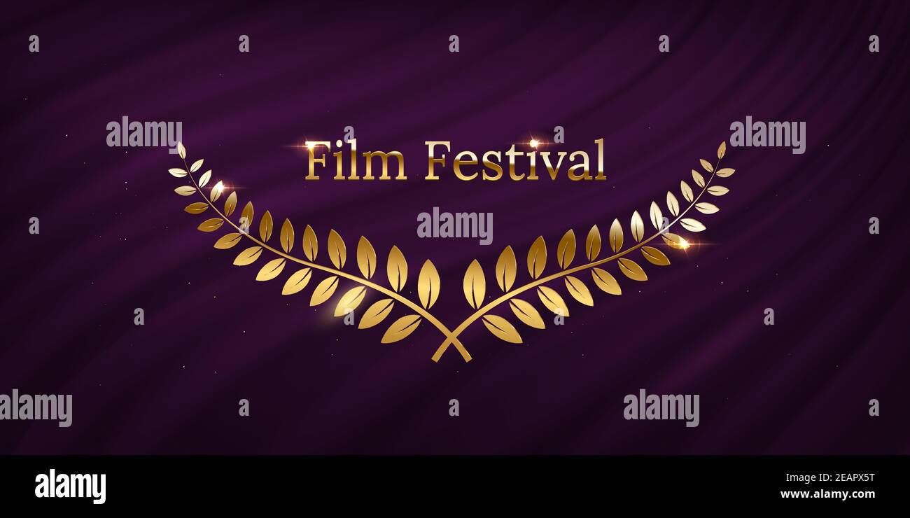 Guirlandes de lauriers dorées et texte du Festival du film isolés sur fond de rideau violet ondulant. Elément de conception vectoriel Illustration de Vecteur