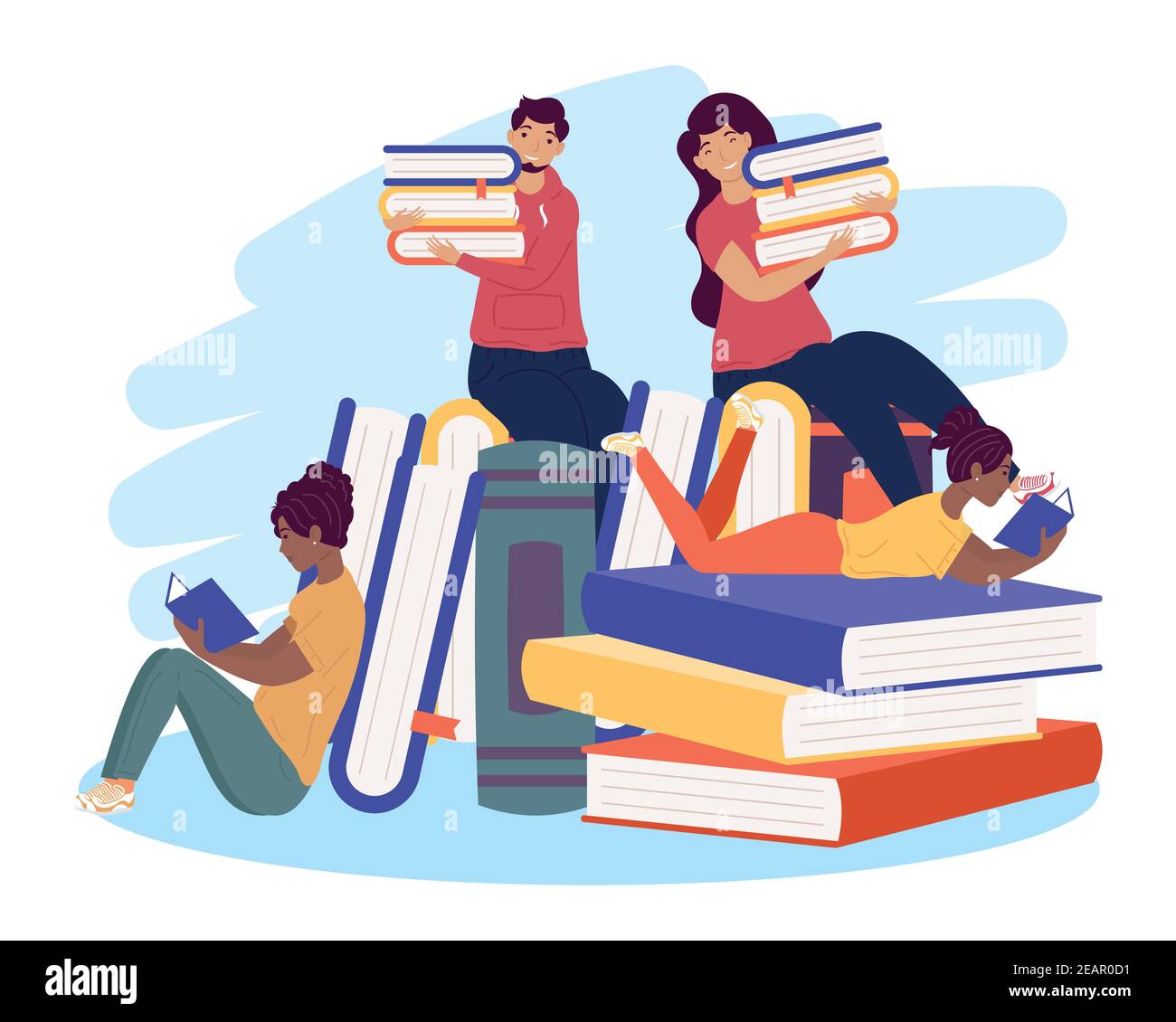 interracial quatre lecteurs avec des livres, livre de célébration de jour illustration de vecteur conception Illustration de Vecteur