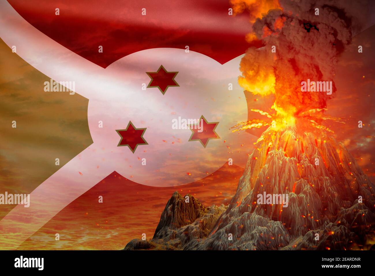 Grande éruption volcanique la nuit avec explosion sur fond de drapeau du Burundi, problèmes de catastrophe et tremblement de terre volcanique conceptuel 3D illustration de na Banque D'Images