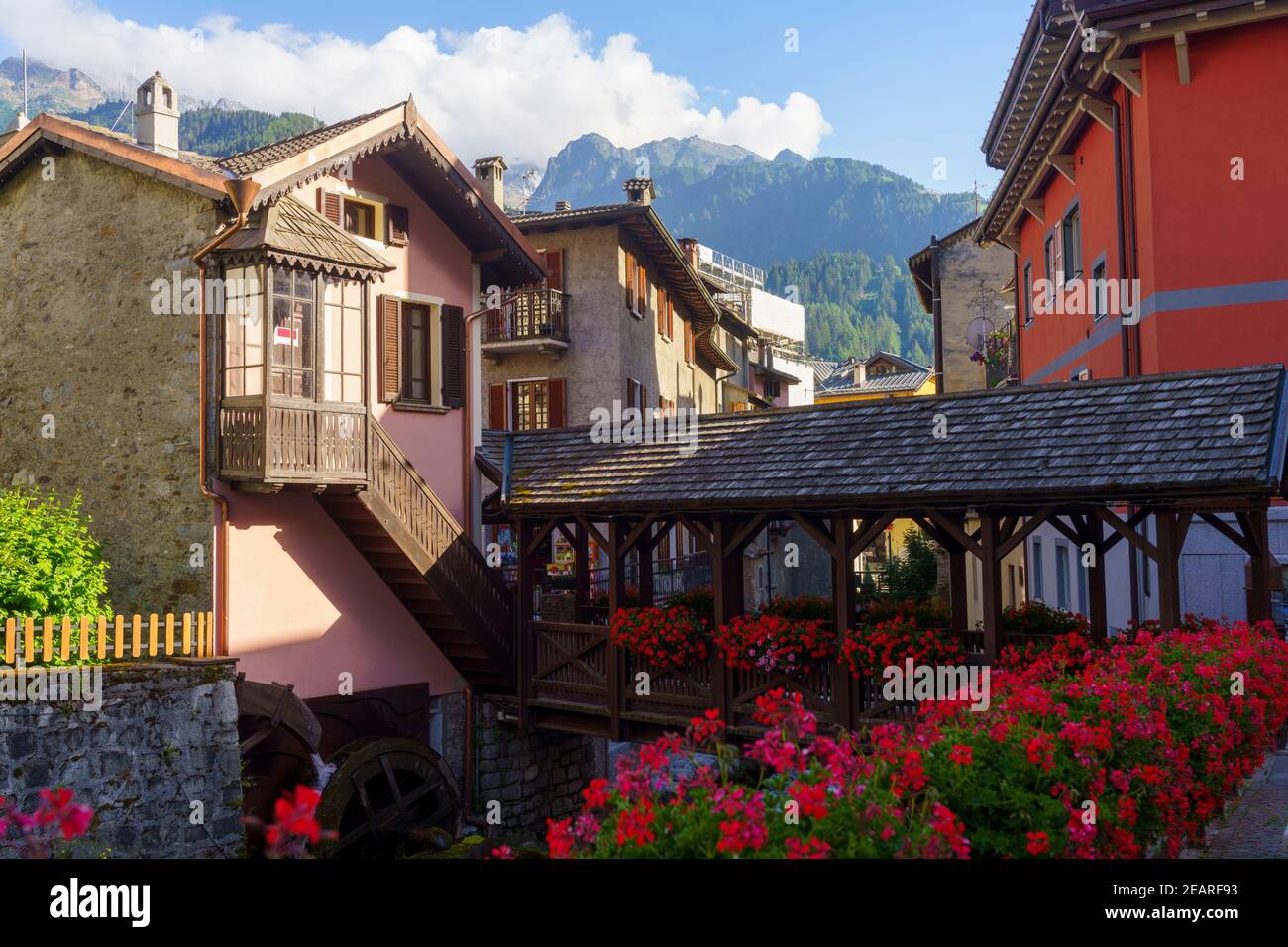 Ponte di Legno, province de Brescia, Lombardie, Italie. Vieille ville dans la vallée de la Camonica. Le pont en bois et les fleurs rouges Banque D'Images