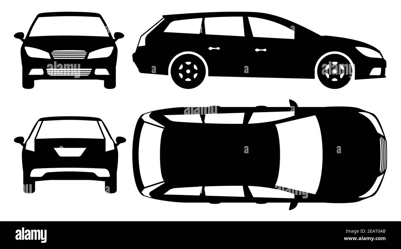 Silhouette de wagon de station sur fond blanc. Les icônes de véhicule définissent la vue latérale, avant, arrière et supérieure Illustration de Vecteur