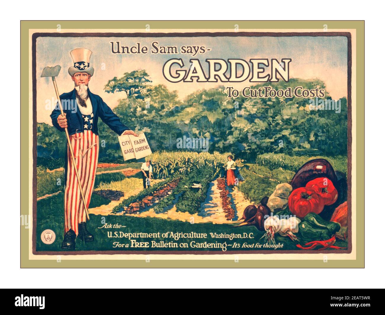 Vintage USA affiche de la première Guerre mondiale sur l'agriculture alimentaire "Uncle Sam Says - Garden to cut food coms". Contactez le département américain de l'Agriculture, Washington, D.C. pour un bulletin gratuit sur le jardinage - c'est de la nourriture pour la pensée / / A. Hoen & Co., Baltimore.: [1917] (affiche) : lithographie, couleur ; Résumé: Affiche montrant un homme et une femme qui s'occupent d'un jardin potager, avec l'oncle Sam et un arrangement de légumes au premier plan. Banque D'Images