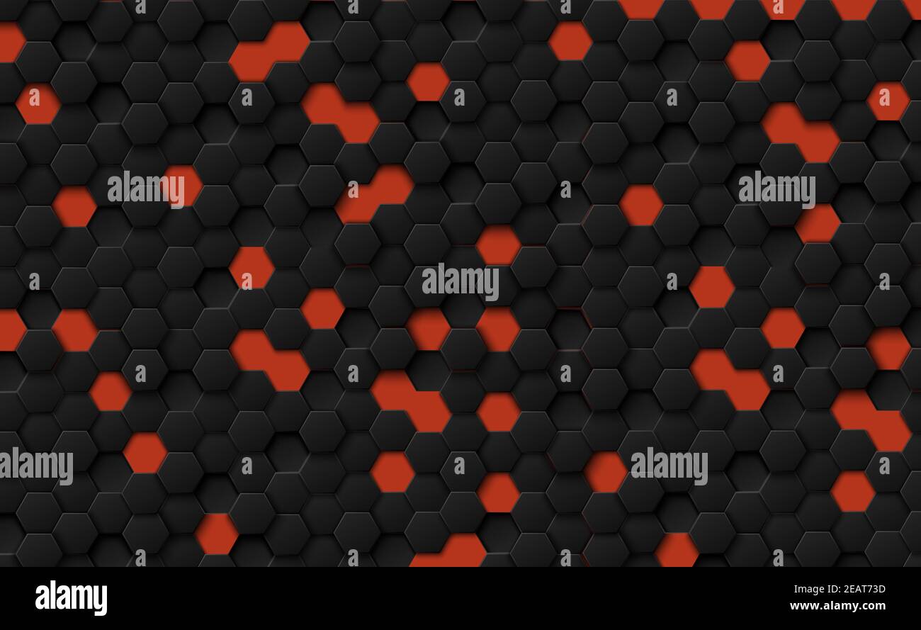 Hexagones abstraits noirs sur fond rouge Banque D'Images