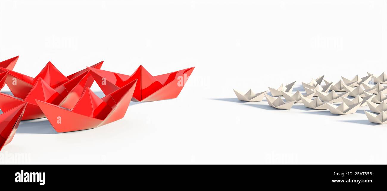 des groupes de bateaux à papier origami se font face. image 3d conceptuelle. Banque D'Images