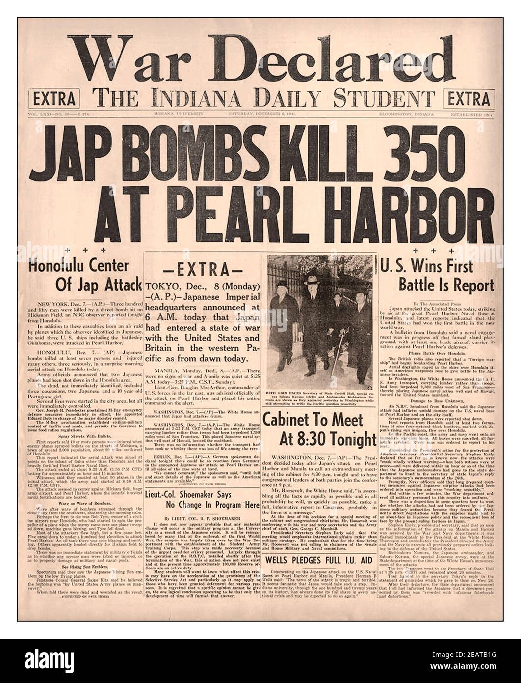 1941 Pearl Harbor Headlines attaque japonaise Dec 1941 journaux Headlines Jap bombes tuent 350 à Pearl Harbor. War déclaré, The Indiana Daily Student PEARL HARBOR ATTACK OAHU Vintage Pearl Harbor titres 7 décembre 1941 surprise bombardement japonais du titre du journal Pearl Harbor Oahu bombardé par des avions japonais” dimanche 7 décembre 1941 début de la Seconde Guerre mondiale entre le Japon et les Etats-Unis Banque D'Images