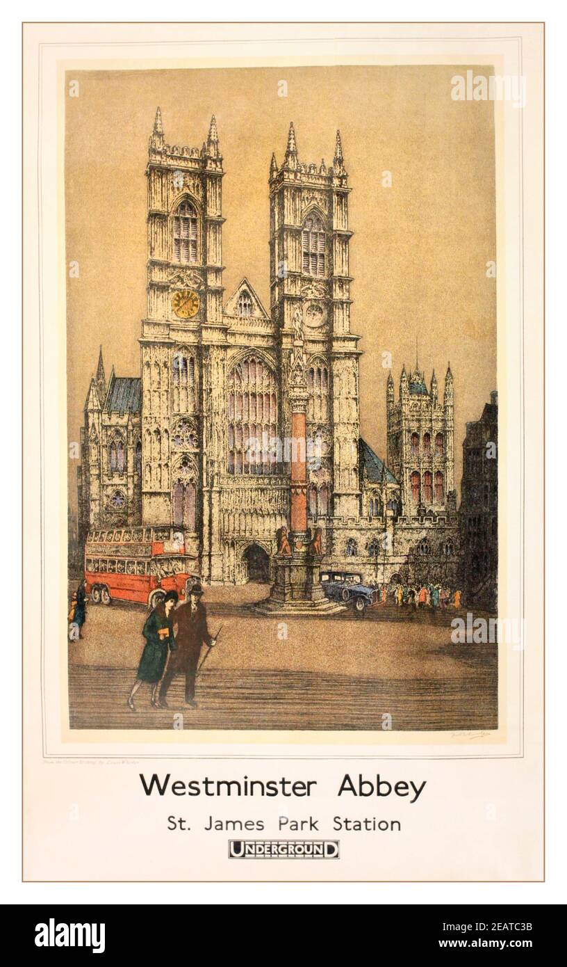 Vintage des années 1930 Voyage affiche pour le voyage souterrain mettant en vedette Westminster Abbey Londres UK par Louis Whirter (1870-1932) Westminster Abbey Original poster imprimé pour le voyage souterrain à Londres 1932 St. James's Park Station Banque D'Images