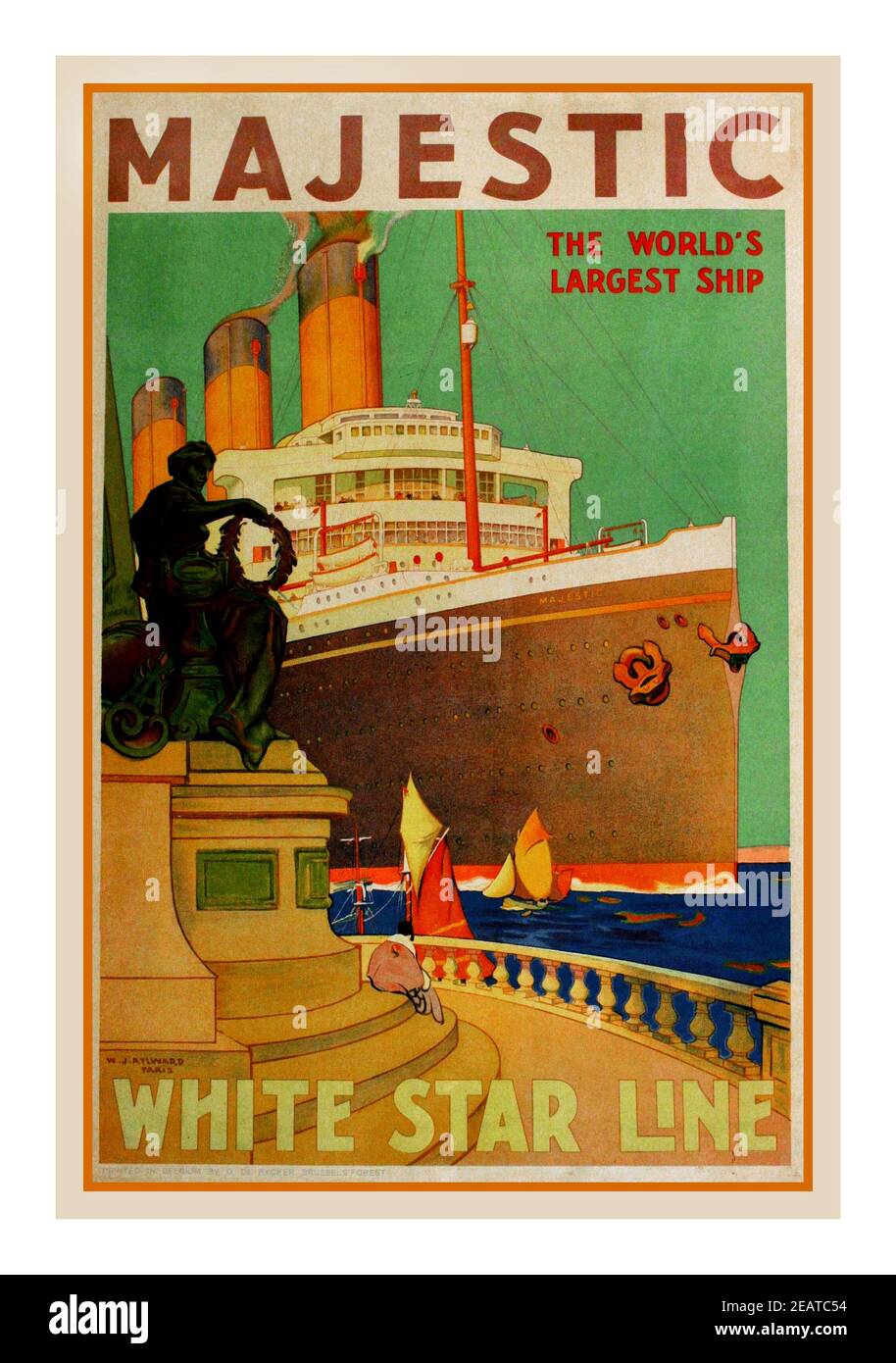 Vintage années 1930 RMS Majestic White Star Line, lancé en 1914 comme le SS Bismarck le plus grand navire au monde donné à la Grande-Bretagne comme réparation. . affiche originale imprimée en Belgique par O. de Rycker, Brussels Forest 1932 - par William J. Aylward (1875-1956). Banque D'Images
