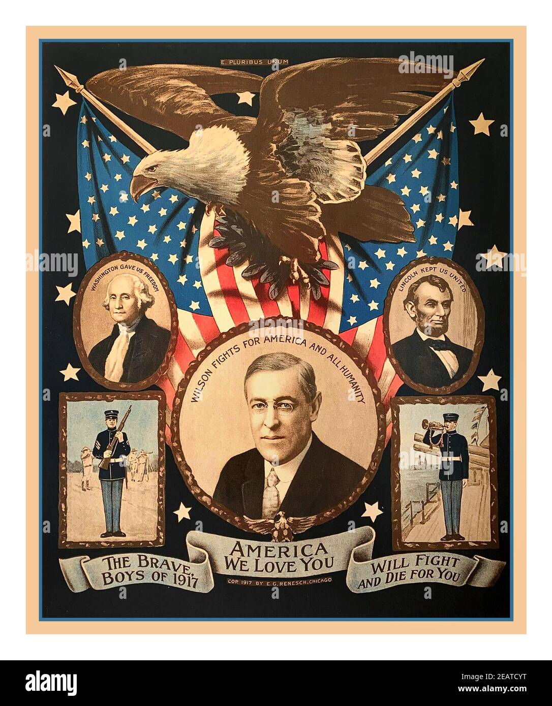 America We Love You - Présidents Wilson, Lincoln et Washington (1917) affiche commémorative américaine de la première Guerre mondiale. Première Guerre mondiale à la mémoire de «les braves garçons de 1917» «se battront et mourront pour vous» Amérique États-Unis première Guerre mondiale Banque D'Images