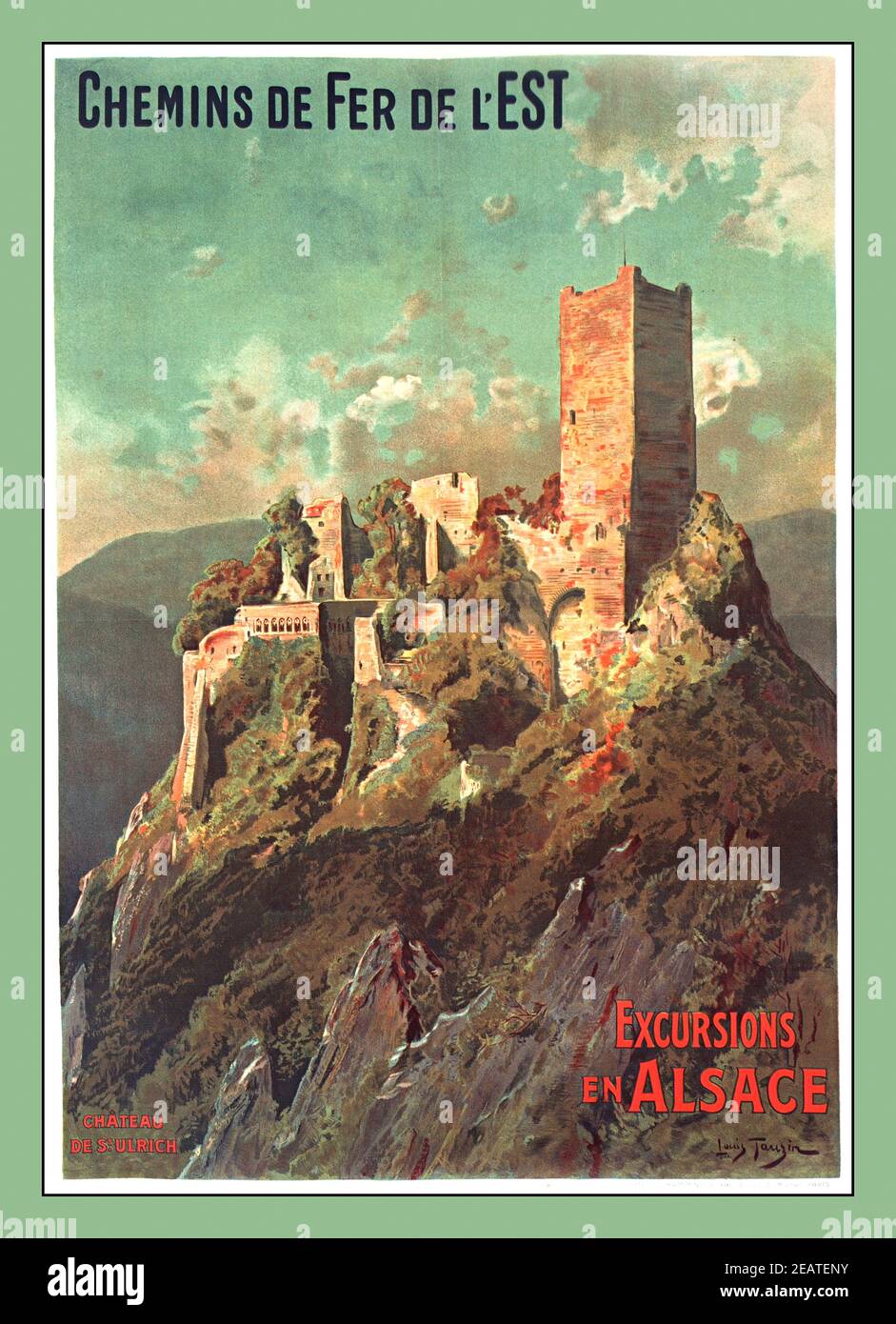 ALSACE FRANCE Vintage années 1930 Lithographie affiche Château de Saint Ulrich par Louis Tauzin . Chemins de fer de fer de l'est Alsace excursions en chemin de fer ferroviaire de l'est de la France Banque D'Images