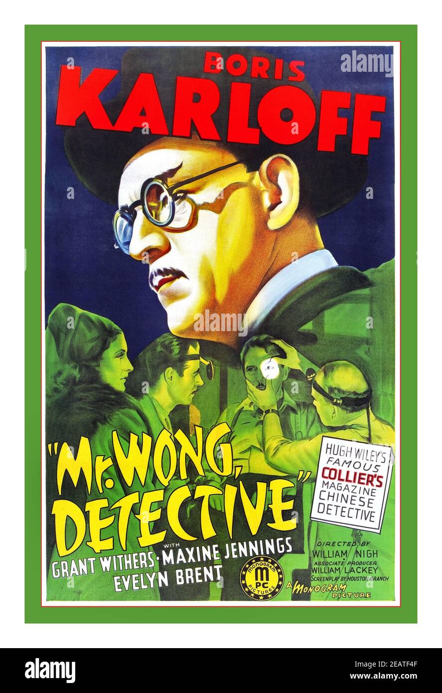 M. WONG DETECTIVE Vintage affiche du film des années 1930 « Me Wong Detective » avec Boris Karloff également avec Grant Withers, Maxine Jennings, Evelyn Brant. Réalisé par William Nigh. M. Wong, détective est un film de 1938 contre la criminalité américaine réalisé par William Nigh et avec Boris Karloff dans sa première apparition en tant que M. Wong. Banque D'Images