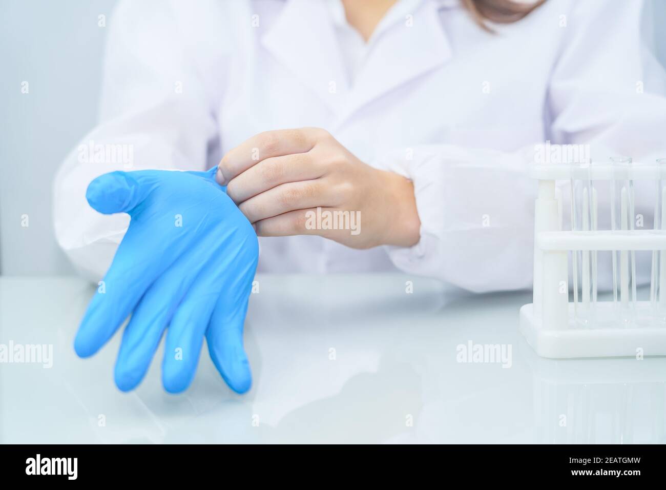 Les mains des scientifiques mettent des gants en latex bleu nitrile en blouse de laboratoire port de gants en nitrile Banque D'Images